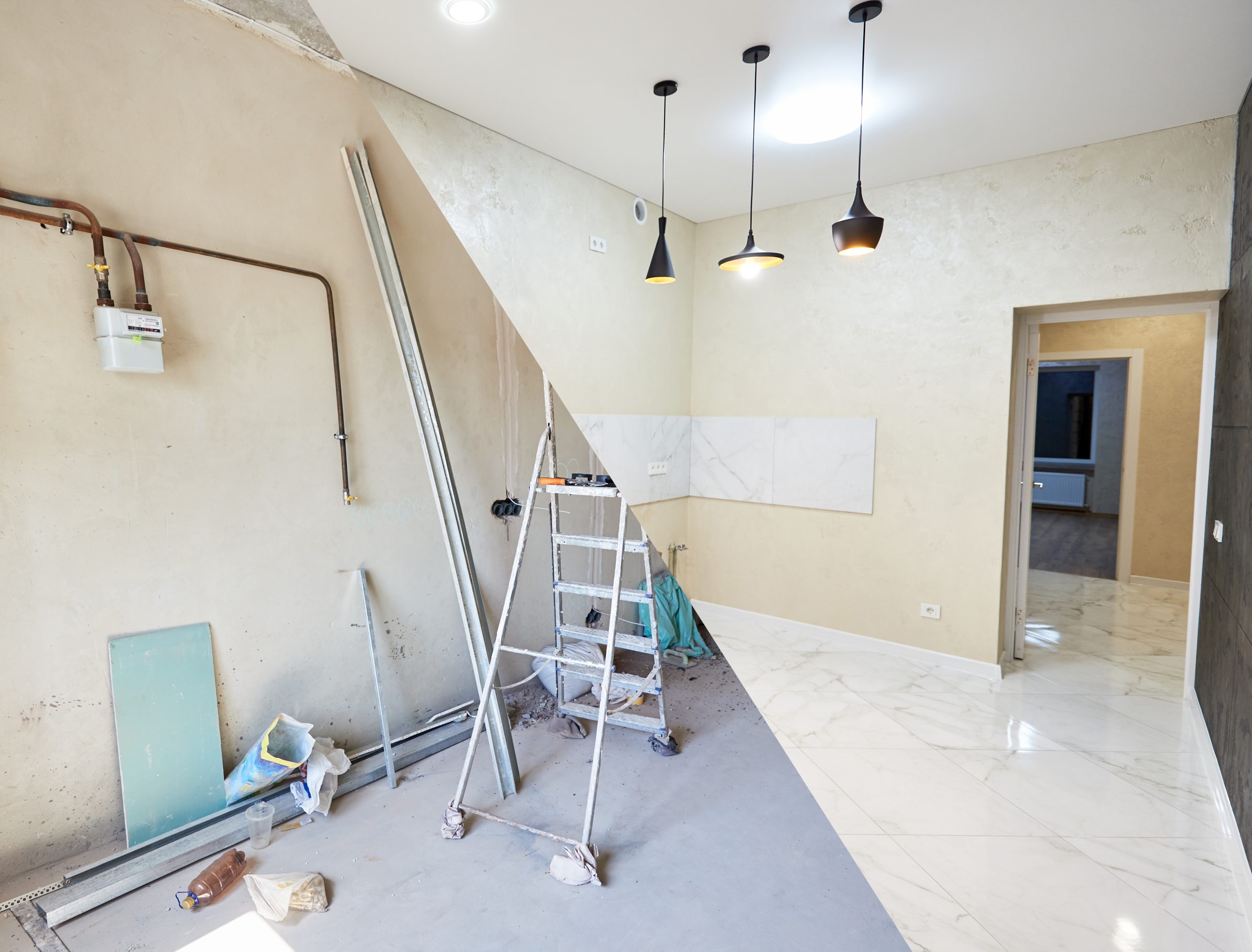 Comparative building project of a kitchen, renovation works before and after, messy unfinished room vs new, shiny, tiled and clean kitchen